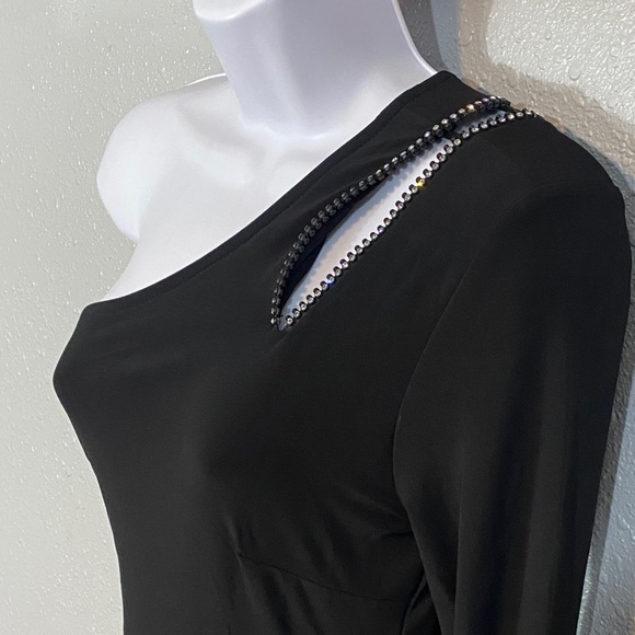 🆕 Cache x Tina Knowles Elegant Black One-Shoulder Dress with Rhinestones Zipper - Picture 8 of 12